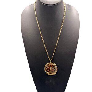 Vintage Necklace Medallion Pendant Filigree Scroll Statement Gold Tone 24 inches